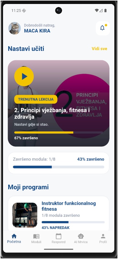 Početna aplikacije Fitnes učilišta